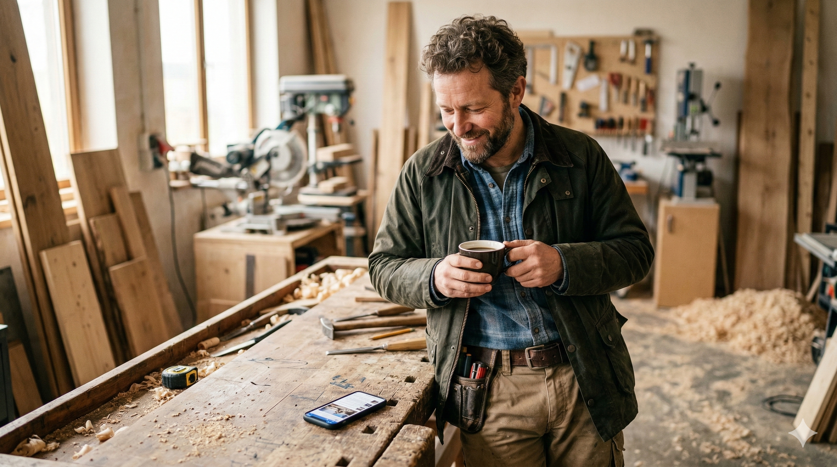 Handwerker in seiner Werkstatt schaut auf sein Smartphone bei einer Tasse Kaffee