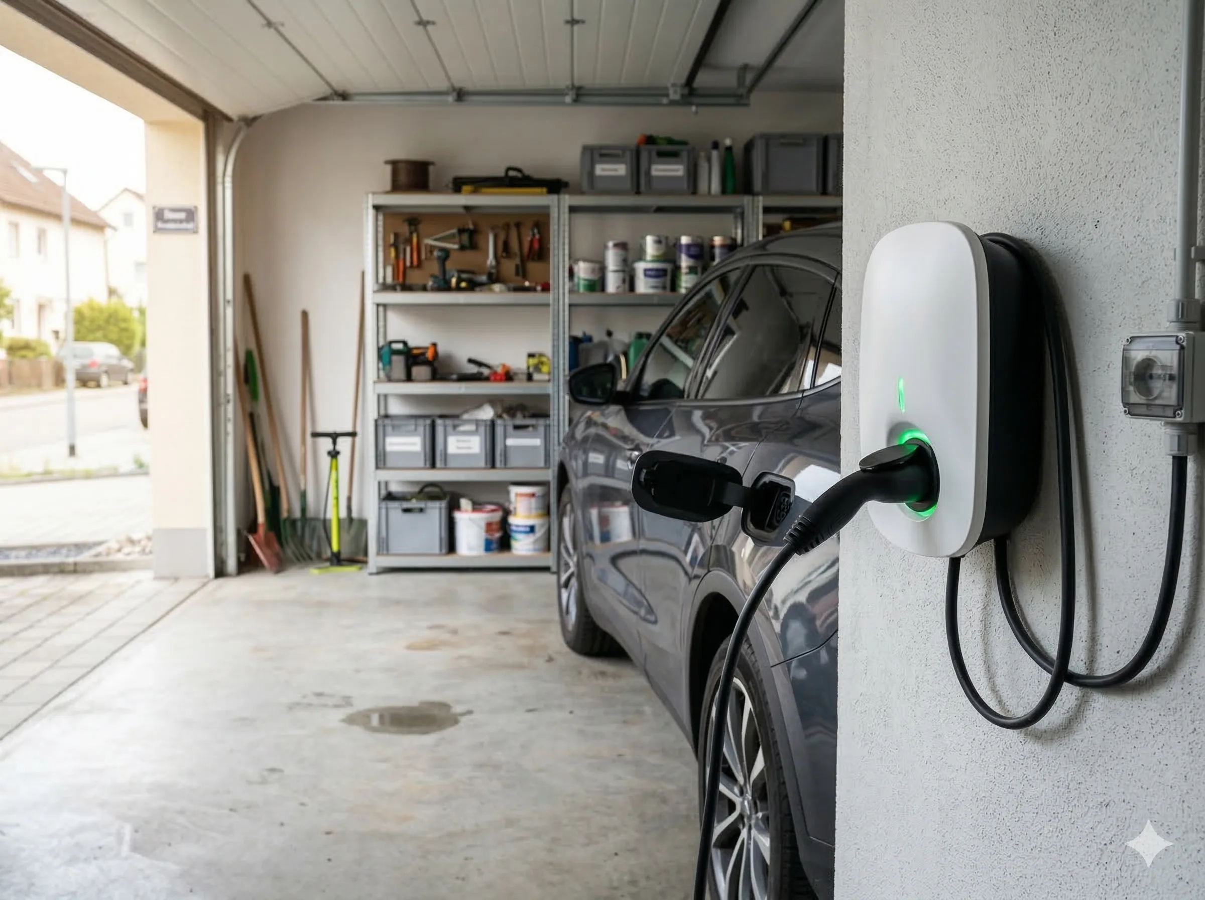 Wallbox-Installation an Garagenwand — Kupferkabel und Spannungsprüfer